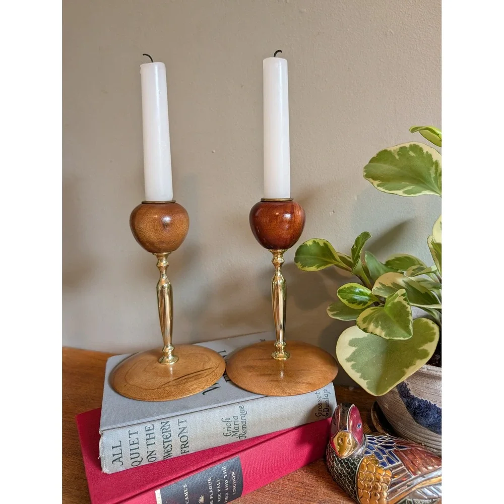 Vintage‎ Mid Century Modern Myrtlewood Candlestick Holders Pair Oregon Wood Gold